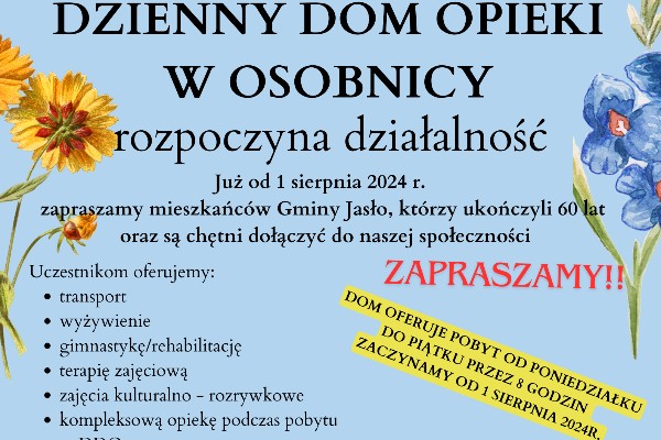 Dzienny Dom Opieki w Osobnicy rozpoczyna działalność. Zapraszamy!!